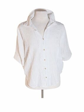 Ces Femme White Gauze Button-Front Short Sleeve Top